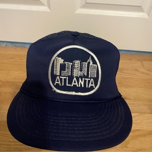 Vintage Atlanta Patch Snap Back Hat Mesh Trucker Georgia City Navy Blue - Picture 3 of 11